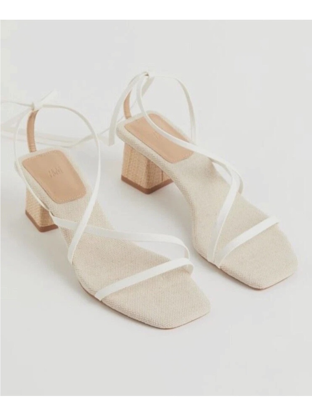 H&M Cream Linen Block 2" Heel Sandals with White Straps